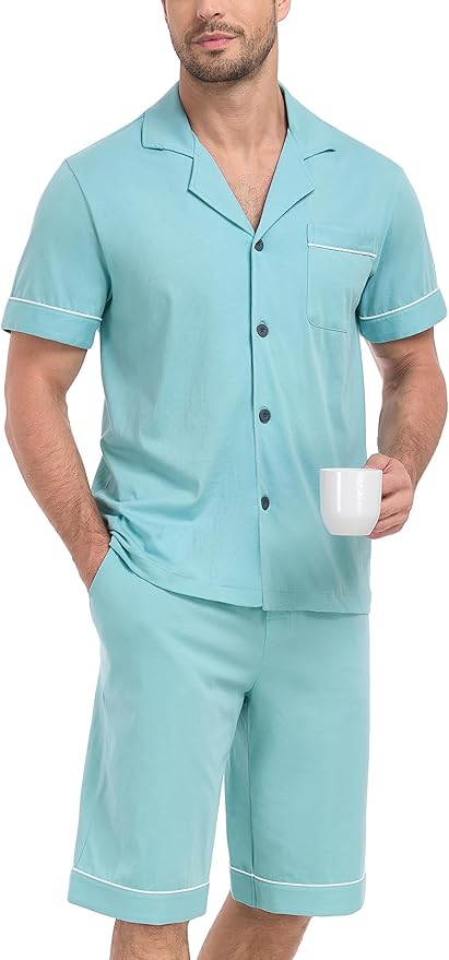 COLORFULLEAF Men's 100% Cotton Short Sleeve Pajama Sets Button Down Notched Collar Sleepwear Soft Lounge Pjs with Pockets