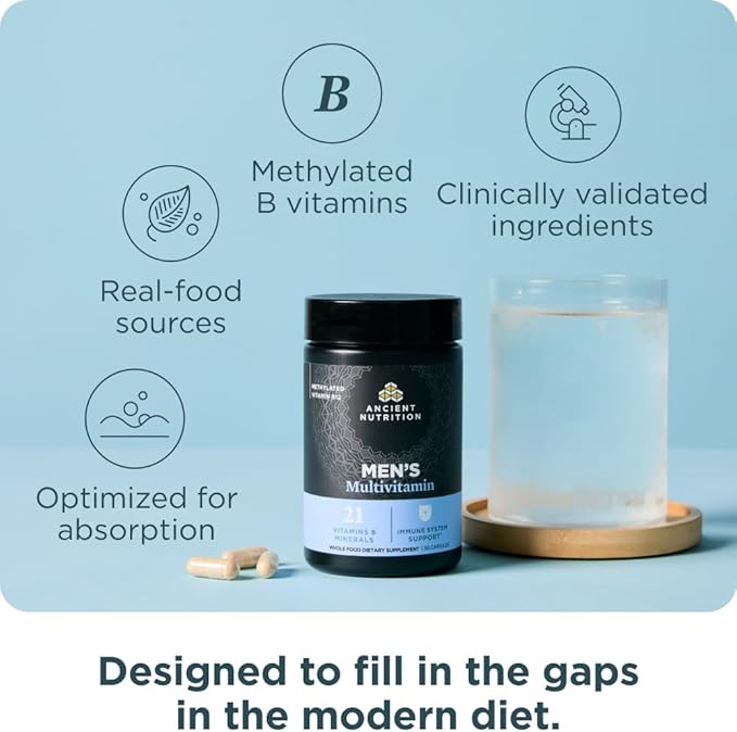Ancient Nutrition Multivitamin for Men, Multi Men's, Vitamin D, C, E, B12, Zinc, Magnesium, Supports Healthy Immune System and Bone Health, 90 Ct