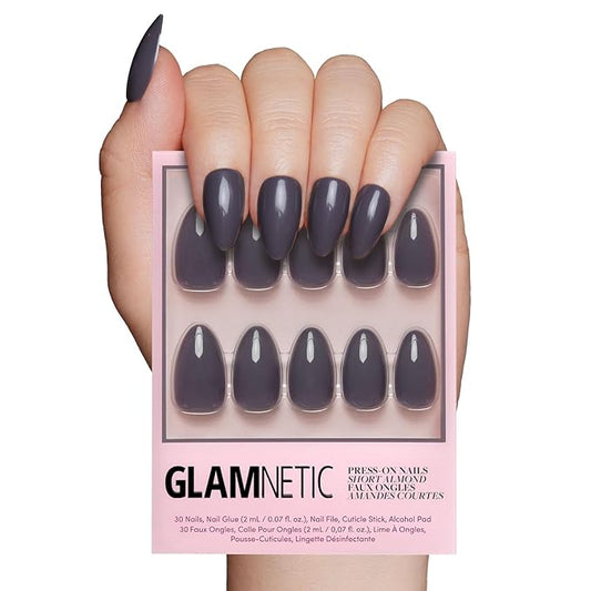 Glamnetic Press On Nails - Ash Gray | Opaque Muted Smoke Gray Short Almond Fake Nails, Salon Quality | 15 Sizes - 30 Nail Kit