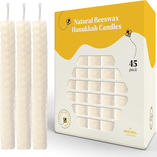 The Dreidel Company Hand Rolled Hanukkah Candle Natural Honeycomb Beeswax White, 45 Minute Burn Time, 45 Candles for All 8 Nights of Chanuka