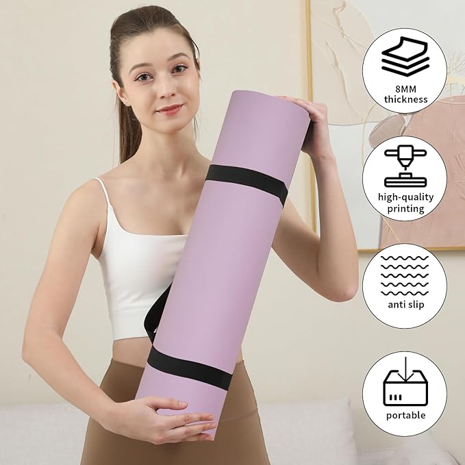 HAHE Yoga Mat Thick (8MM,1/3"), Eco-Friendly POE Non Slip Yoga Mat, High Rebound & Shock Absorption, Anti-Tear & Sweat-Resistant for Yoga, Fitness, Home, Workouts, Large Pilates Mats 72"x24" with Carrying Strap