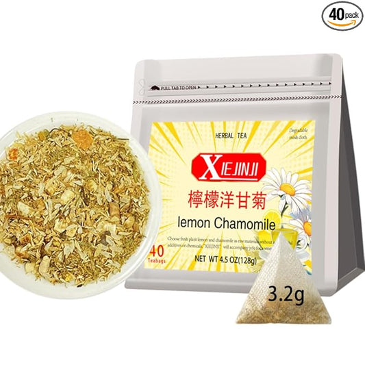 XIEJINJI Lemon Chamomile Tea - 40 Tea Bags, Caffeine-Free Herbal Tea, Zesty Citrus & Soothing Floral Notes, Eco-Conscious Packaging, Hot or Iced