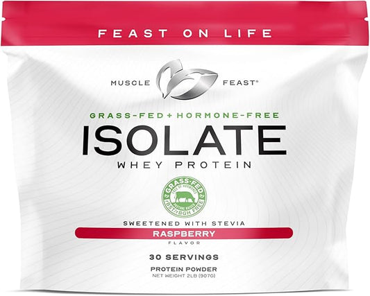 Muscle Feast Grass-Fed Whey Protein Isolate, All Natural Hormone Free Pasture Raised, Whey Isolate Protein Powder for Men and Women, Clean, Gluten-Free, Delicious Isolate Protein - Rasberry, 2lb