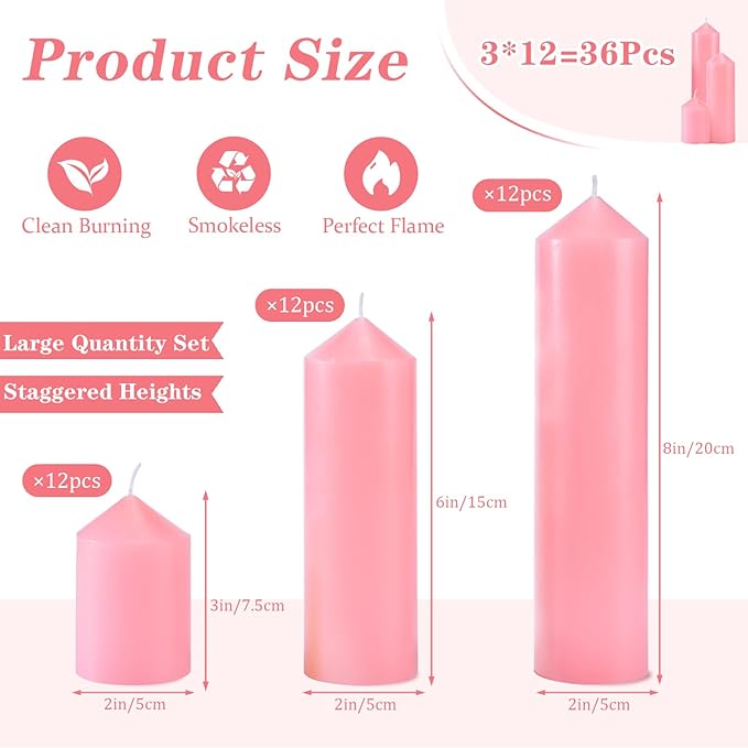 36 Pcs Pink Pillar Candles Bulk Set，Hurricane Candles，3 Different Lengths (12 Each)，Dripless Unscented Smokeless，Gives You a Better Atmosphere When Organizing Wedding or Event Party.