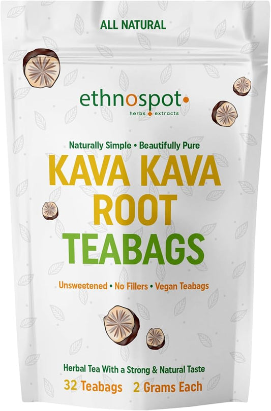 Kava Kava Root Teabags - Kava Kava Tea Pure - 100% Natural Herbal Tea for Stress Support Relaxation Improves Mood and Nervous System - Feel Happy Tea - 2 Gram Teabags - 32 Vegan Teabags
