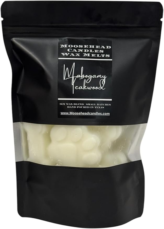 Mahogany teakwood scented wax melts. 10 count bag of 1oz puppy print wax melts| resealable bag 1 melt at a time to smell the whole house