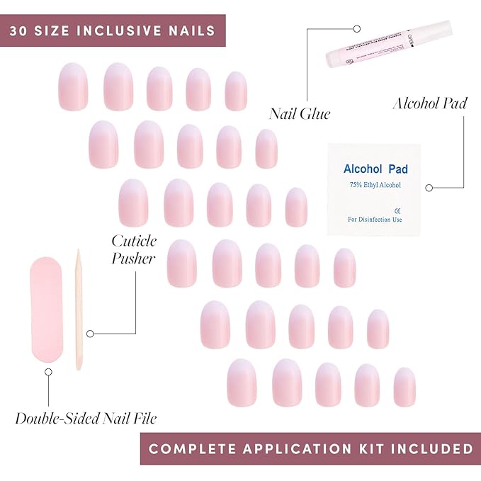 Glamnetic Press On Nails - Creamer | UV Finish Neutral Ombre Short Round Nails, Salon Quality | 15 Sizes - 30 Nail Kit with Glue