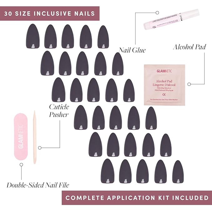 Glamnetic Press On Nails - Ash Gray | Opaque Muted Smoke Gray Short Almond Fake Nails, Salon Quality | 15 Sizes - 30 Nail Kit