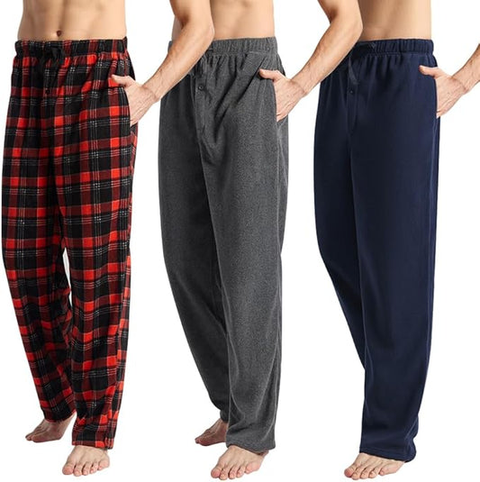 3 Pack Men's Fleece Pajama Pants Bottoms– Lounge Sleepwear Plaid PJs with Pockets and Button Fly