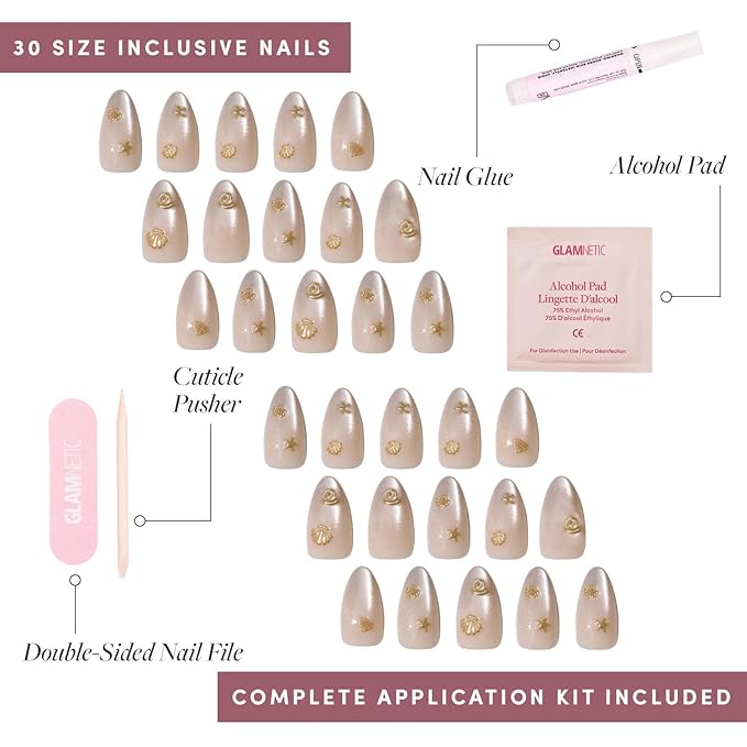Glamnetic Press On Nails - Sanded | Short Almond Nude Fake Nails with Raised Gold Shell Accents, Salon Quality Summer Nails | 15 Sizes - 30 Nail Kit with Glue