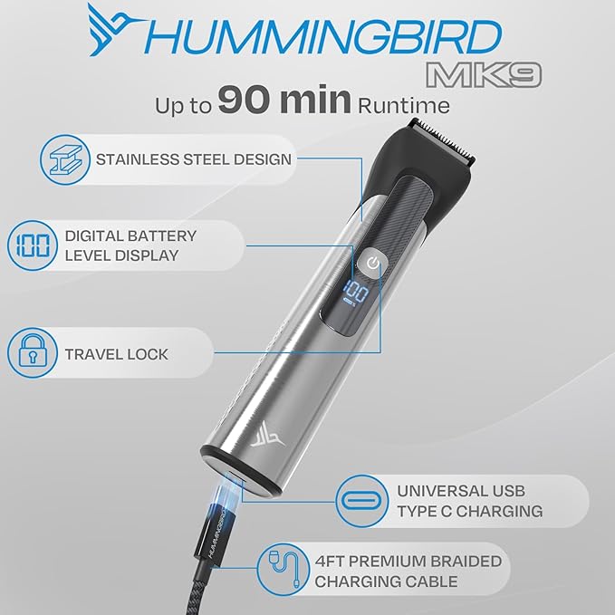 HUMMINGBIRD MK9 MasterGroom All-in-One Trimmer – 21-Piece Men's Grooming Kit for Beard, Head, Hair, Body, and Face, Waterproof, Stainless Steel, USB C Rechargeable, LED Display