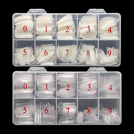 krofaue Nail Tips Lady French Style Acrylic Artificial Half Cover False Nail Tips with Box Ideal for Salons and Home DIY Manicure,10 Sizes,1000PCS (Natural and Clear)