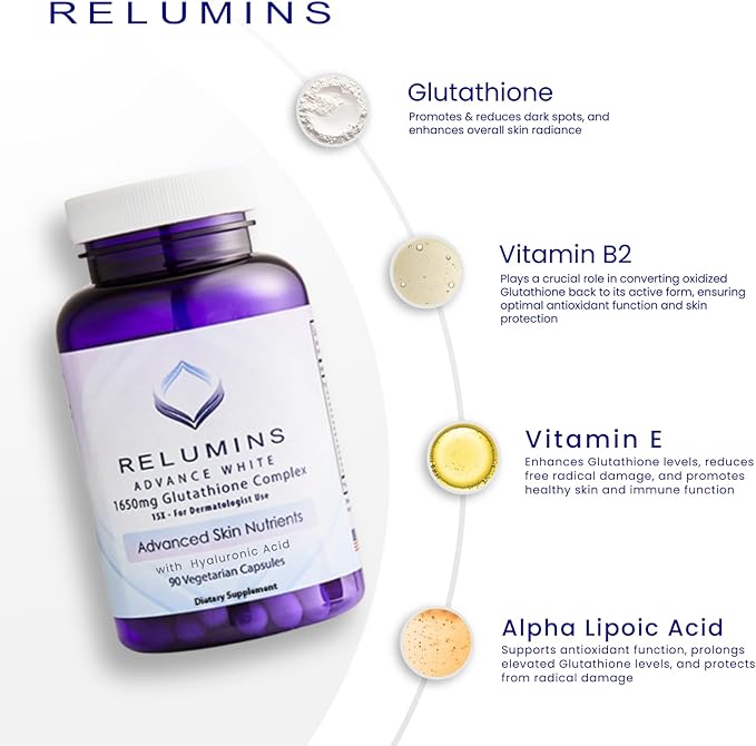 Relumins 1650mg L-Glutathione Complex with Hyaluronic Acid, Alpha Lipoic Acid, Rose HIPS, Vitamin E & Riboflavin, Antioxidant Support, Skin Hydration & Wellness, Made in USA – 90 Capsules x 5 Bottles