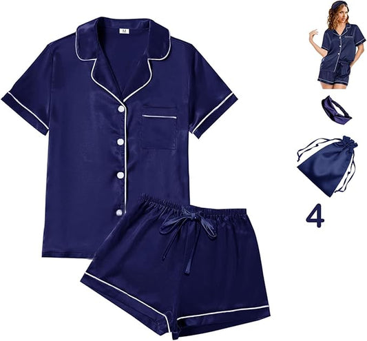 4Pcs Womens Satin Silky Pajama Sets Short Sleeve Shirt XS-4XL Floral Pajamas Set Soft PJ Loungewear Sleepwear