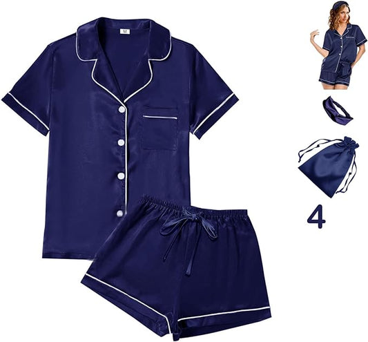 4Pcs Womens Satin Silky Pajama Sets Short Sleeve Shirt XS-4XL Floral Pajamas Set Soft PJ Loungewear Sleepwear