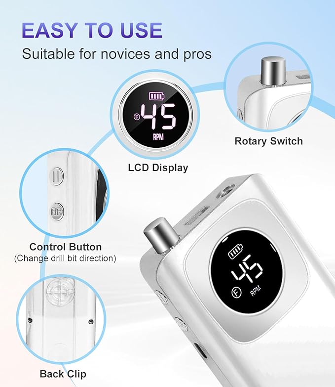 Portable Nail Drill Professional 45000 RPM, Rechargeable Electric Nail File Machine E File for Acrylic Gel Polishing Removing, Cordless E-File with Bits Kit for Manicure Salon Home
