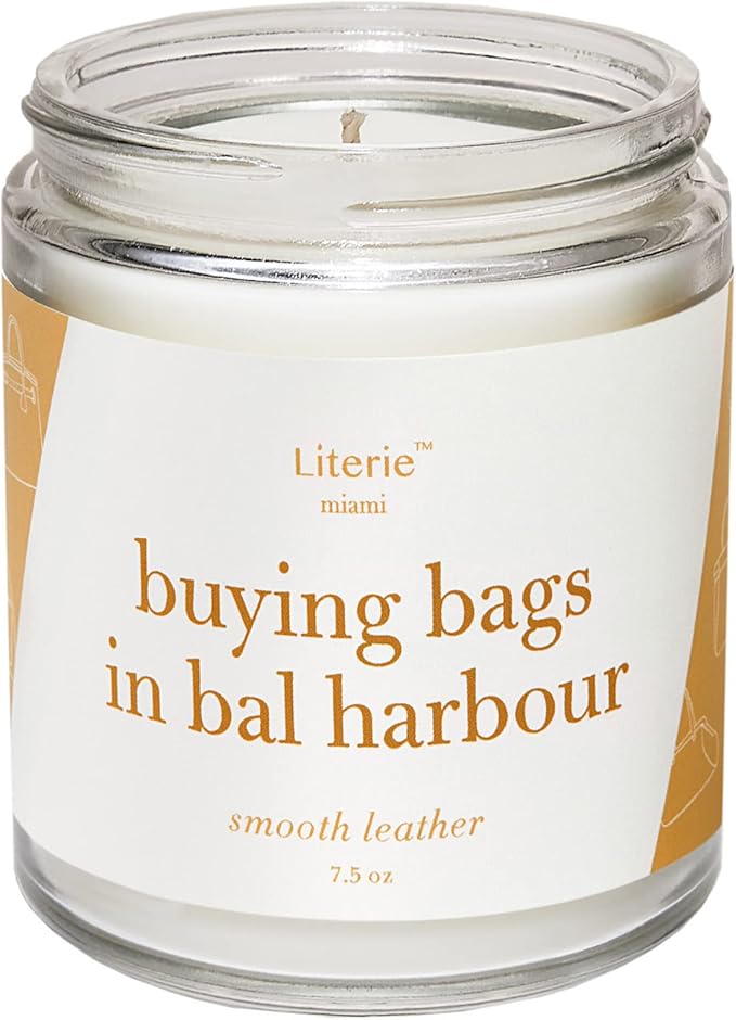 Literie Miami Inspired Scented Candle: Buying Bags in Bal Harbor - Smooth Leather Scent, 7.5oz, 40 Hour Burn, Vegan Soy & Coconut Blend Candle for Home Decor, Gift for Women & Men
