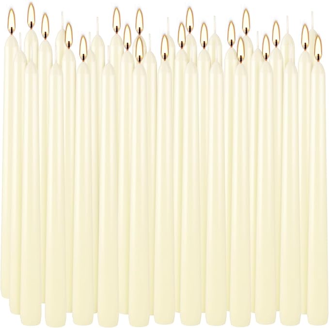 36 Pack Ivory White Taper Candles, 7-8 Hours Burn Time, Unscented, Smokeless and Dripless, 0.8 x 10 Inch Dinner Candle Set for Household, Wedding, Party and Home Décor Candlesticks