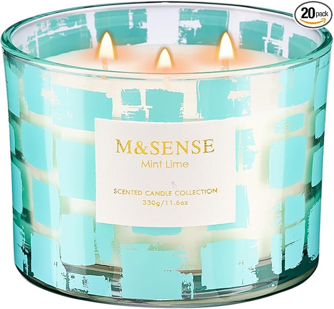 M&SENSE Mint Lime Scented Candle,11.6oz Natural Soy Wax Non Toxic for Home, 3 Wick Jar Candle, Up to 60 Hours Burn time, Stress Relief Candles for Women/Men