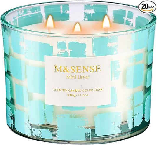 M&SENSE Mint Lime Scented Candle,11.6oz Natural Soy Wax Non Toxic for Home, 3 Wick Jar Candle, Up to 60 Hours Burn time, Stress Relief Candles for Women/Men