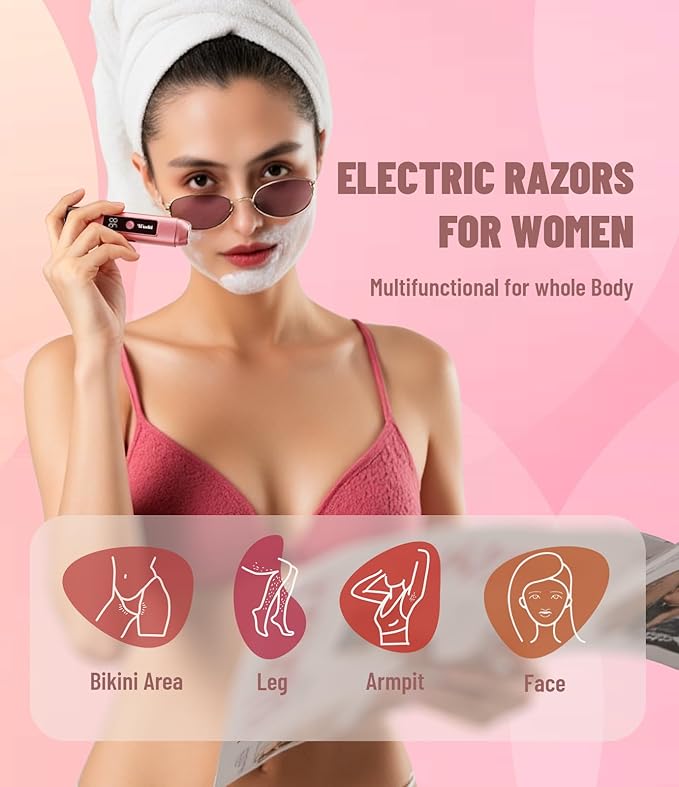 Lady Shaver & Trimmer Set - Electric Bikini/Body Razor with Dual Heads | IPX6 Waterproof, LED Screen, Rechargeable for Legs/Underarm