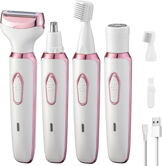 Electric Razors Shaver for Women Painless 4 in1 Women Shaver Cordless Rechargeable Facial Eyebrow Razors & Nose Hair Trimmer Lips Body Bikini Trimmer for Womens Grooming Kit 3028 White