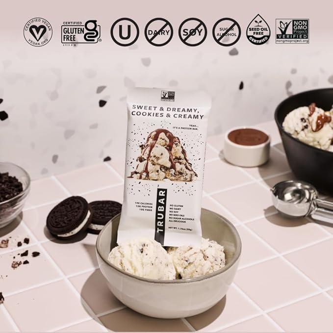 TRUBAR Vegan Protein Bar, Sweet & Dreamy Cookies and Creamy, Gluten Free, Plant Based Protein, Dairy Free, Non GMO, Soy Free, No Sugar Alcohols, 12G Protein, 12G Fiber, 23G Carb, On the Go Snack Bars, 12ct