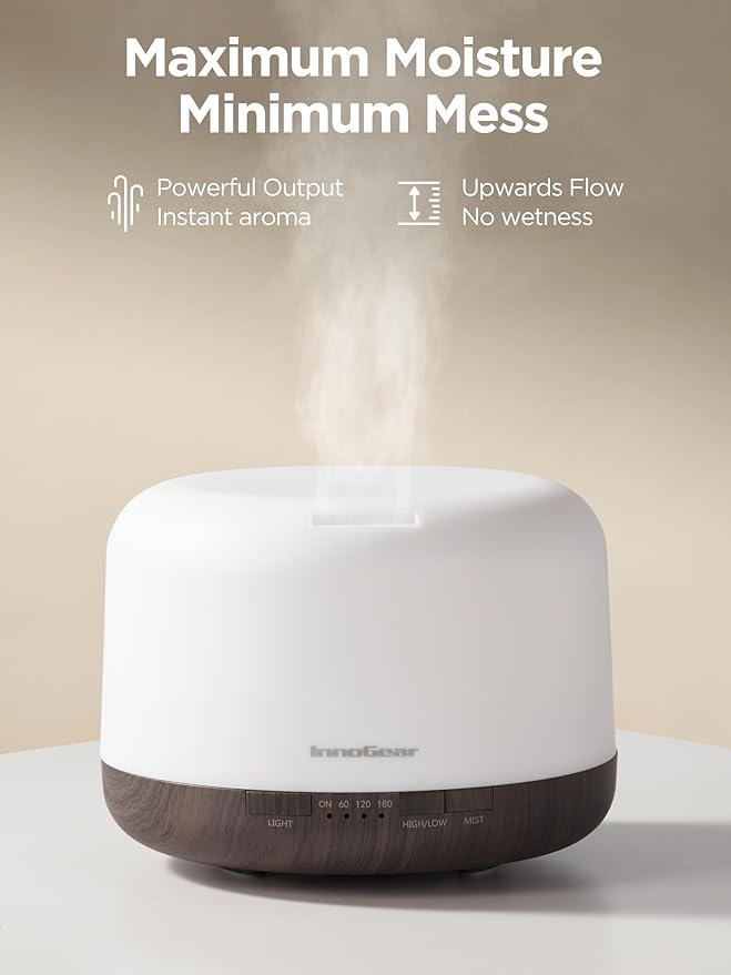 InnoGear Aromatherapy Diffuser & 10 Essential Oils Set, 500ml Essential Oil Diffuser with Remote Control Ultrasonic Cool Mist Scent Humidifier Vaporizer Auto-Off Timer for Room Office Home, Brown
