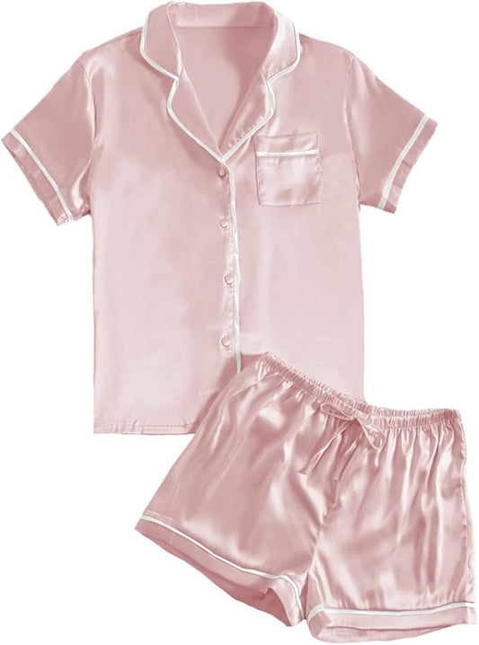 LYANER Women's Satin Silky Short Sleeve Button Shirt Sleepwear 2Piece Pajama Set