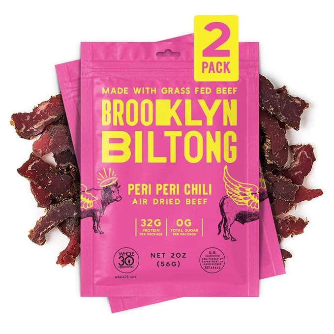 Brooklyn Biltong Air Dried Grass Fed Beef Snack, South African Beef Jerky (2 oz, Pack of 2) - Whole30 Approved, Paleo, Keto, Gluten Free, Sugar Free, Made in USA - (Peri Peri)