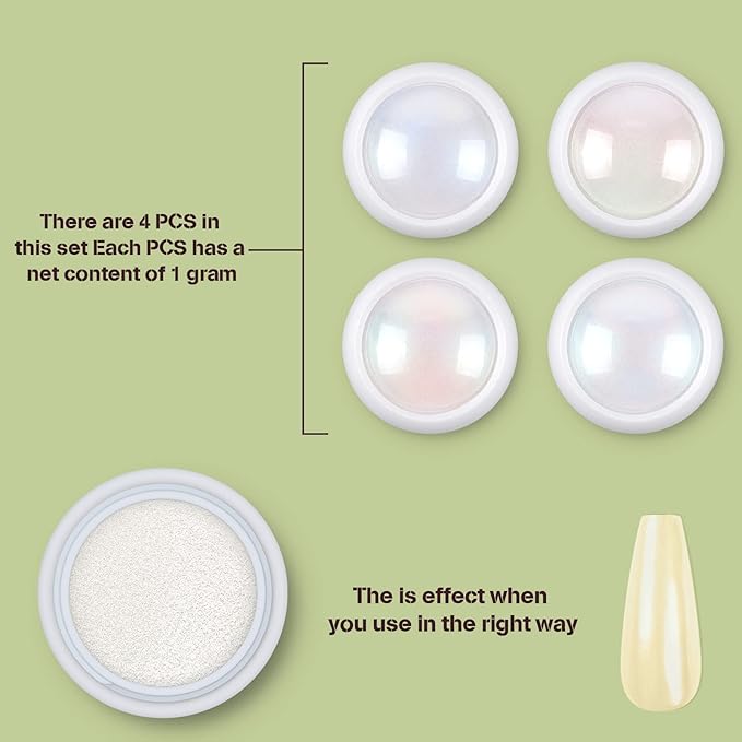 Artdone 4 Jars Chrome Nail Powder Metallic Mirror Effect Pigment Chrome Iridescent Aurora Nail Glitter Mermaid White Pearl Glitter Dust Kit for Gel Polish Nail Art Decoration, Resin Craft
