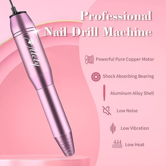 Electric Nail Drill Kit, Portable File for Acrylic Gel Nails, Professional Machine Efile Manicure Pedicure Tools with Iridescent Bits Home Salon Use, Pink