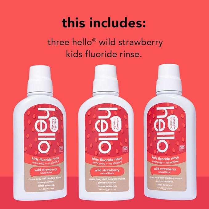 Hello Kids Wild Strawberry Natural Flavor Anticavity Fluoride Rinse - Vegan, Alcohol Free, and SLS Free Mouthwash for Children Age 2 and Up - 16 Ounce (Pack of 3)