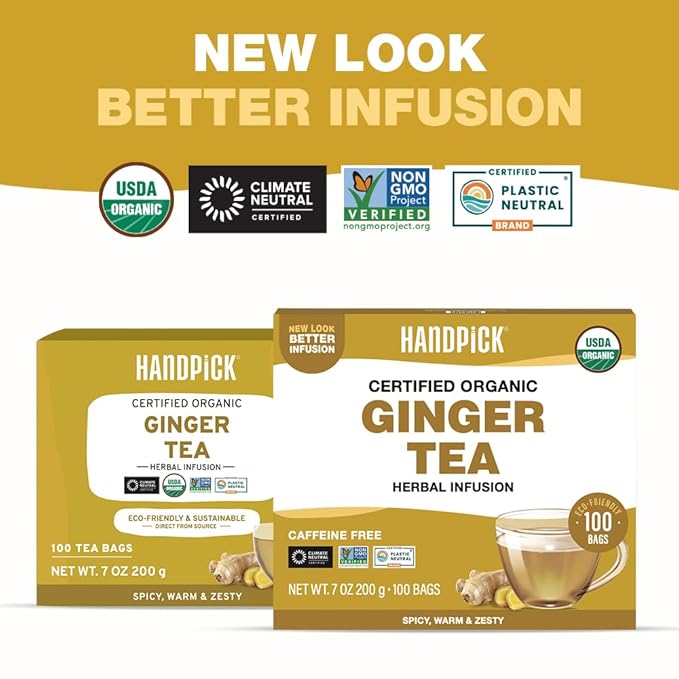 HANDPICK, Organic Ginger Tea Bags (100 Herbal Tea Bags), Authentic Indian Origin, Caffeine Free & 100% Pure Ginger Root |Soothing & Spicy Blend | Round Eco Conscious Teabags