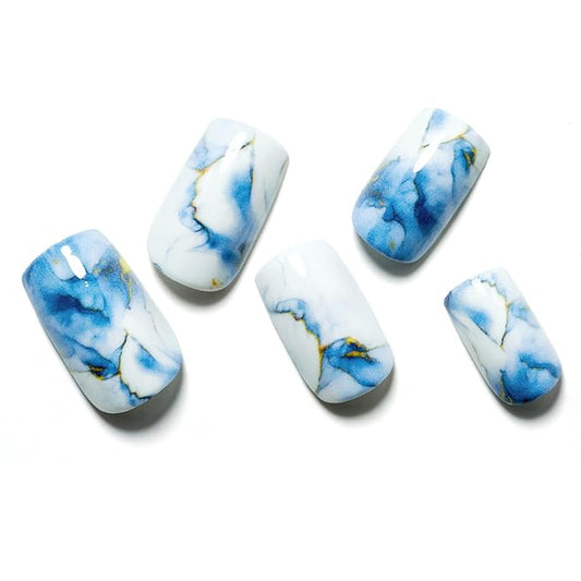 Marble Press on Nails Short Square GLAMERMAID, Blue Gold Acrylic Fake Nails with Design Luxury Stick Glue on Nails Reusable Glossy False Nail Sets, 48Pcs Adhesive Tabs Nail File, Cuticle Stick