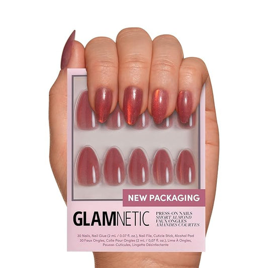 Glamnetic Press On Nails - Rose | Short Almond Rosy-Pink Nails with a Mesmerizing Metallic Finish | 15 Sizes - 30 Nail Kit with Glue