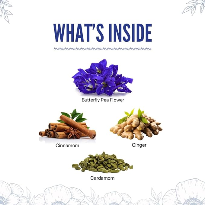 BLUE TEA - Indian Chai Masala - 12 Count - Pyramid Plant Based Tea Bag | Butterfly Pea Flower | Flower & Indian Spices Based | Caffeine Free - Detox Tea - Herbal Tea - Non Bitter | Gifts Box