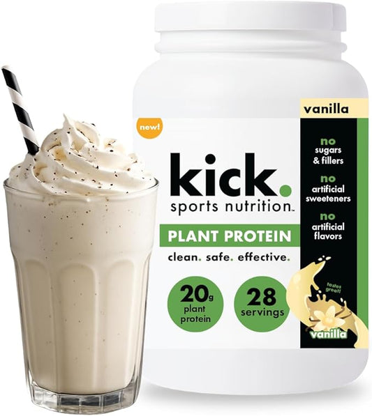 Kick Plant Protein Powder, Vanilla Flavor, 20 G Protein, Gluten Free Workout Supplement with Aminos Acids to Support Fitness Goals & Gut Health, No Sugar, No Artificial Flavors, 28 Servings