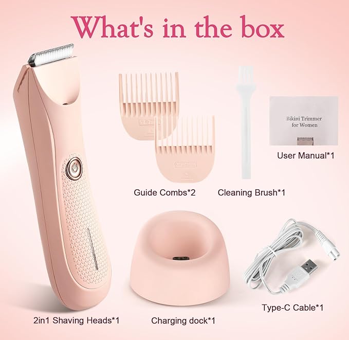Riokko Bikini Trimmer for Women with LED Light and IPX7 Waterproof Dual Charging, Skin-Safe Cordless Pubic Hair Shaver with Battery Indicator
