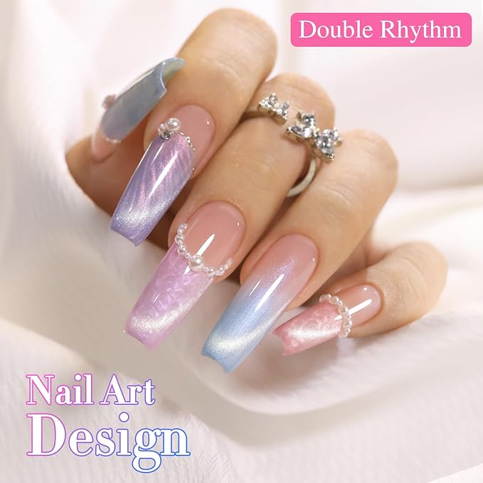 Double Rhythm Cat Eye Gel Polish Set 6 Colors Shimmer Glitter with Magnet Holographic Reflective Magnetic UV Nail Art Kit (Pearl Pink Blue Green Purple 6-Kit 44)