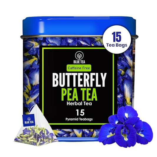 BLUE TEA - Butterfly Pea Flower Tea - 15 Count - Pyramid Plant Based Tea Bag | ANTIOXIDANT RICH | Herbal Tea - Caffeine Free - Detox Tea - Flower Based - Non Bitter | Reusable Tin Pack