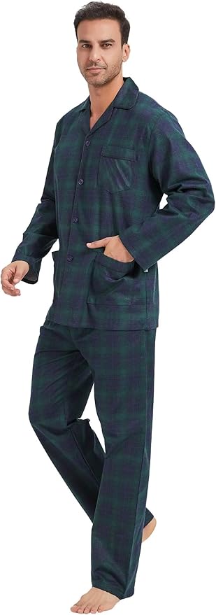 GLOBAL Men's Pajamas Sets 100% Cotton Flannel Sleepwear Long-Sleeve top & Bottom