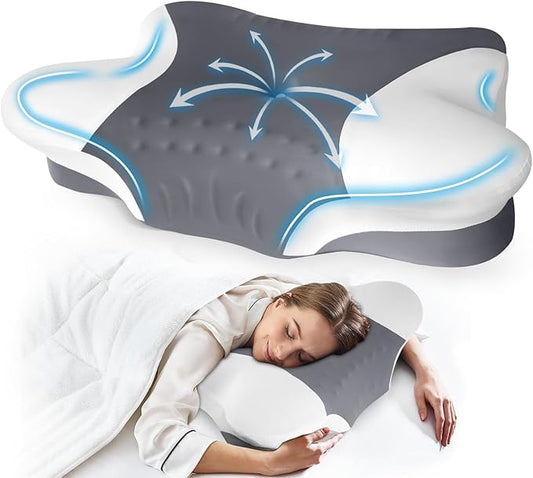 Cervical Neck Pillows with Memory Foam - Ergonomic Neck Support Pillows for Pain Relief Contour Memory Foam - Adjustable Orthopedic Bed Pillows with Cooling Pillowcase for Sleeping - Dark Grey