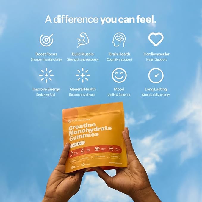 Creatine Gummies 5g Monohydrate + Taurine & B12 - Sugar-Free, Vegan, Gluten-Free - Citrus Mango - 120 Count (30 Servings) for Strength, Energy & Focus