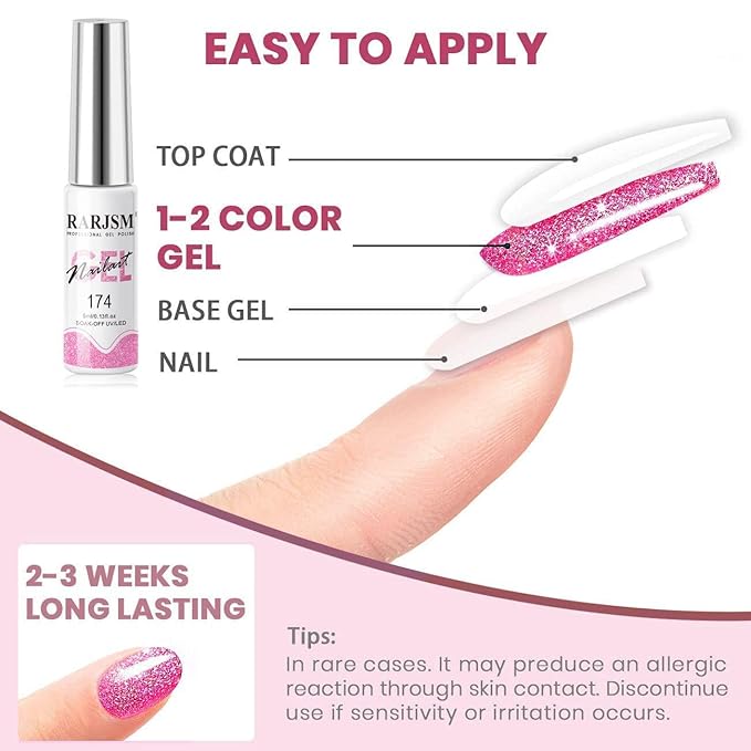 RARJSM Reflective Glitter Nail Art Gel Liner Flash Diamond Painted Gel Nail Polish 12 Colors 5ml Sparkle Silver Brown Hot Pink Green Black Pigment UV LED Soak off Curing Requires for Nail Design