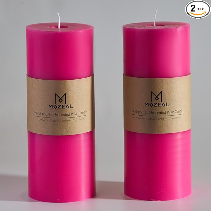 MOZEAL 4" x 10" Extra-Large Hot Pink Pillar Candles (Set of 2), Unscented, Dripless, Smokeless, Long Clean-Burning, Tall 10 inch Large Hot Pink Pillar Candles for Spring Festivities Decor
