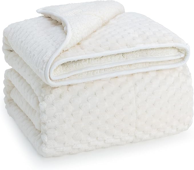 Super Soft Luxury Fleece Sherpa Weighted Blanket 15 lbs for Adults, Turtle Shell Fuzzy Cozy Warm Weighted Throw for Winter, Ceramic Beads Washable Heavy Blankets for Couch Bed, Cream White, 60"x80"