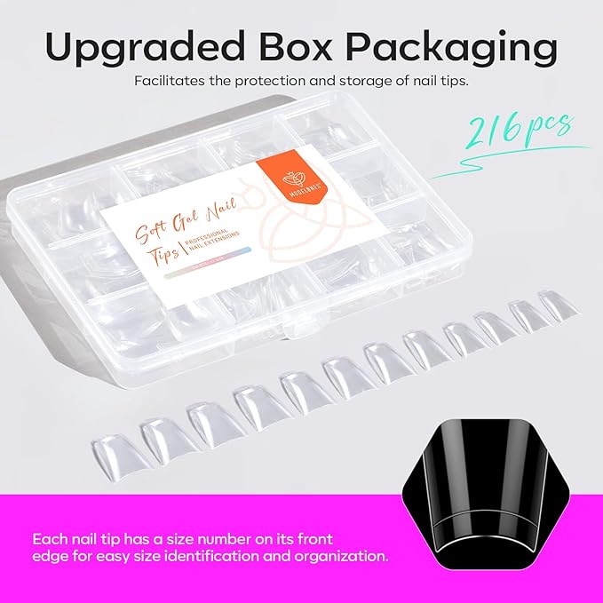 modelones Duck Nail Tips, Short Flare Pre-Shape Half Cover Soft Gel Tips Wide Style Acrylic Fake Nails False Clear Press on Extension Gel Kit Manicure DIY at Home 216PCS 12Sizes