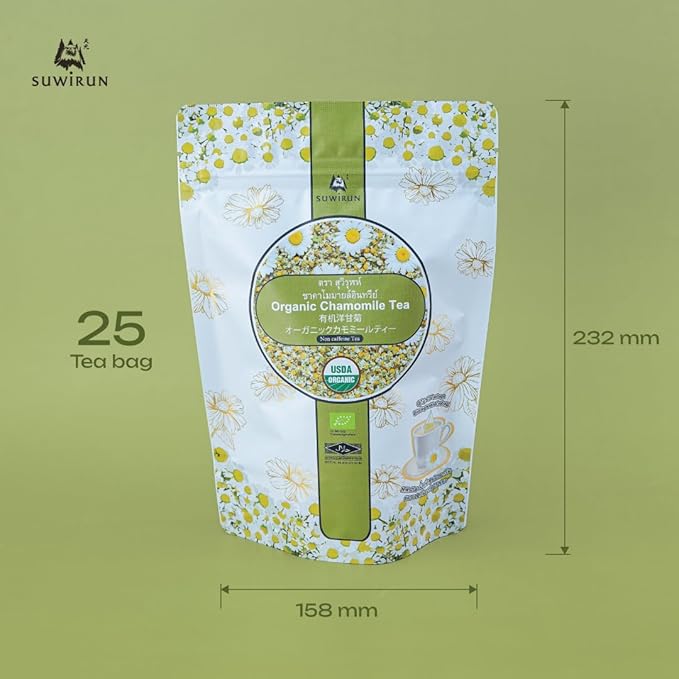 Suwirun Organic Chamomile Tea 25 Bags – 100% Chamomile Flowers – Naturally Caffeine-Free, Supports Relaxation & Sleep – Smooth & Soothing Herbal Tea