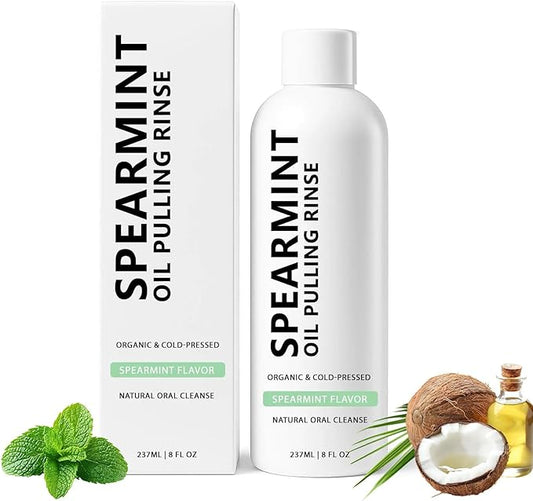 Spearmint Oil Pulling Rinse, White Oil Pulling Rinse, Cold-Pressed Coconut Mouthwash for Teeth Whitening, Peppermint Mouthwash Freshness for Teeth and Gums, 8 Oz